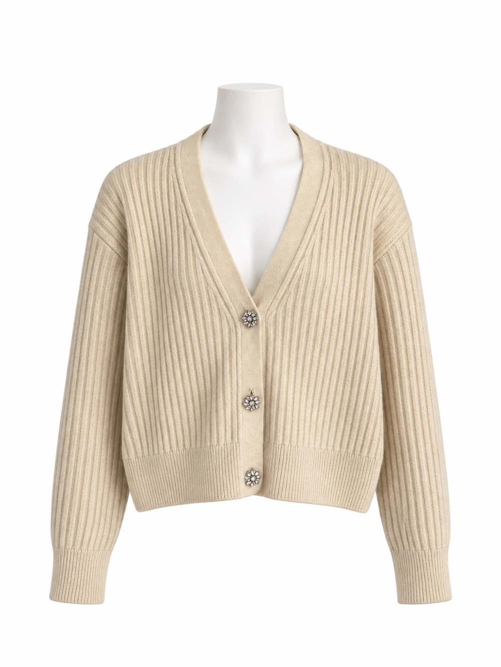 Size S H&M Women’s Cream Ribbed Knit Rhinestone Button V Neck Cardigan Sweater